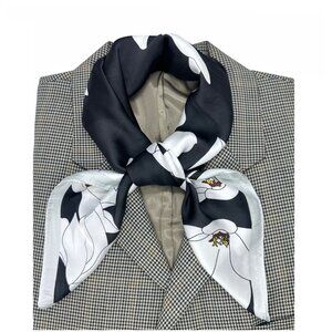 Luxurious Chic Silky Square Scarf Soft Black White Magnolia Floral Print Bandana